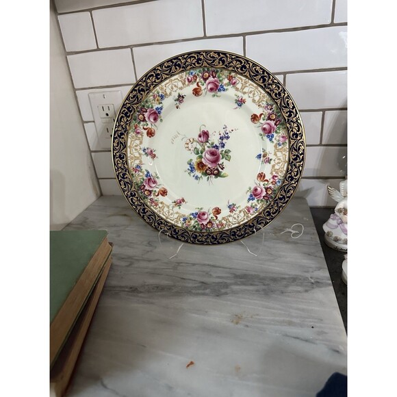 Soft pinks, handpainted florals, and rich cobalt blues  Royal Doulton Cabinet Plate Floral Roses Cobalt Gold Gilt Hand Painted Floral
